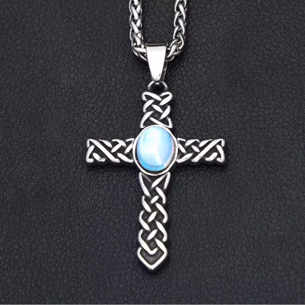 Celtic Cross Necklace with Blue Moonstone